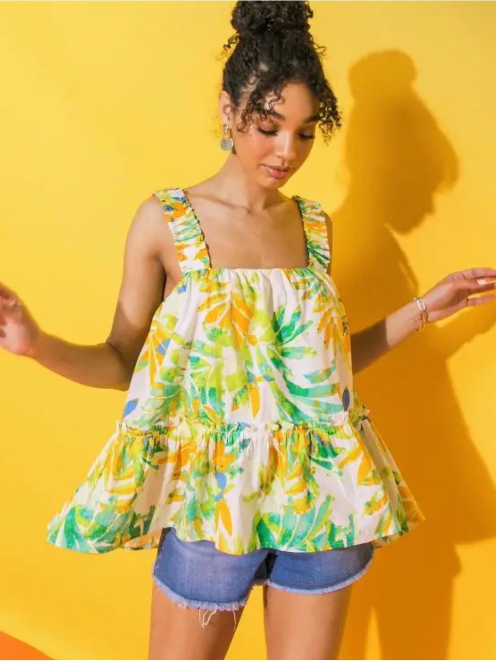 Flying Tomato Ruffle Strap Tank Top in Yellow, Green & Cream